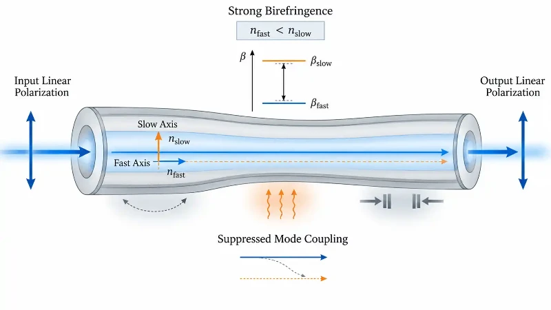 How PM fiber maintains polarization through birefringence How PM fiber maintains polarization through birefringence